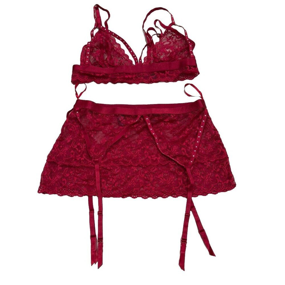 Dream Girl Lace Bra‎ Skirt Garter Set Red Sexy Lingerie  Size Medium M